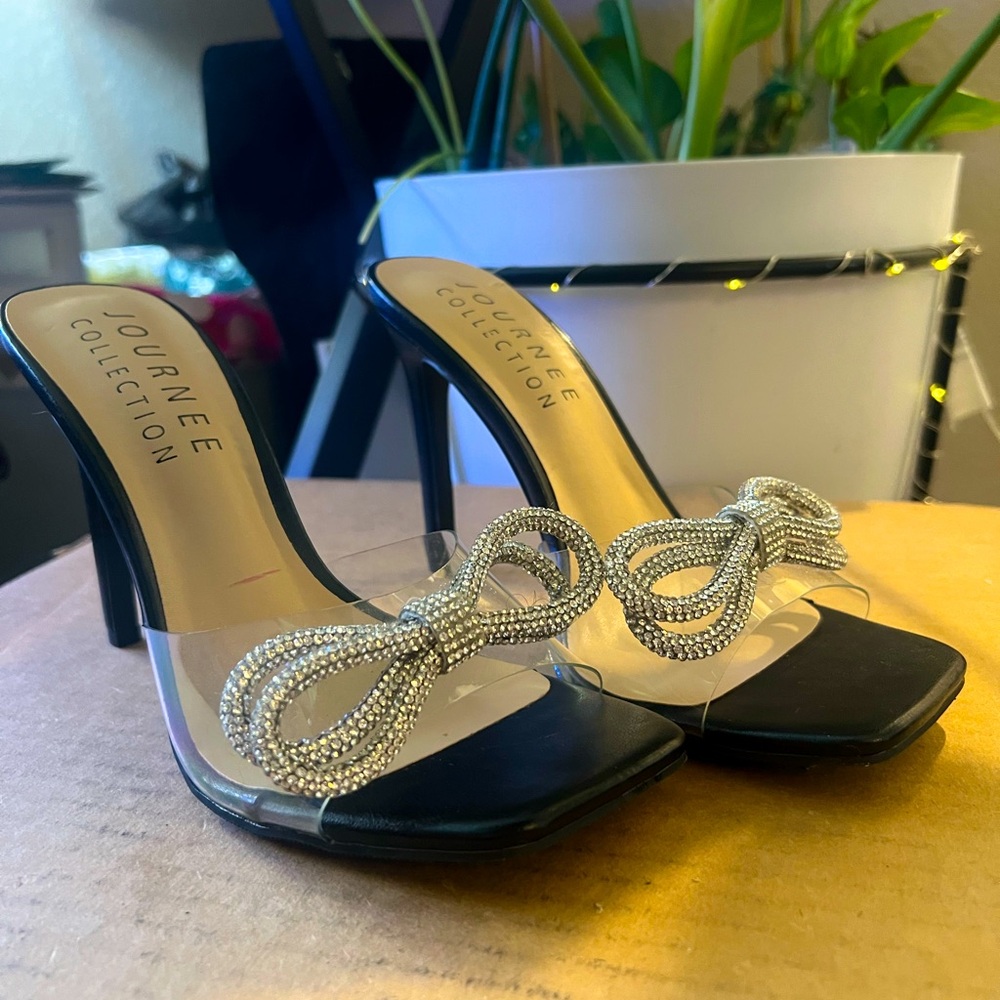 Clear-Strapped Sparkly Bow Heels
